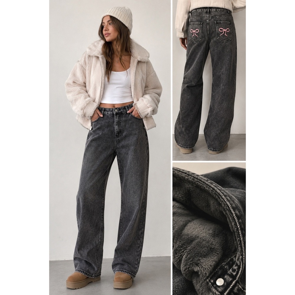 Nova Blue XL Faux Fur Lined Wide Leg Jeans Black Wash Pink Bow Coquette Y2K